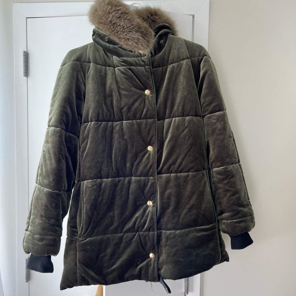 Therma Kota down jacket, fur hood, green velvet, size small